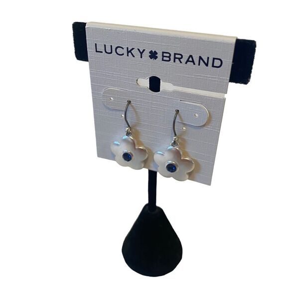 Matte Silver & Dk Blue Crystal Daisy Drop Earrings. - Picture 3 of 6